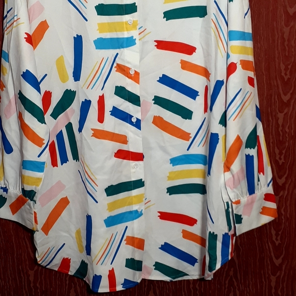 DENIM LOVE BLOUSE WOMEN'S SIZE S GEOMETRIC PRINT MULTICOLORED LONG SLEEVE BUTTON - Picture 4 of 10